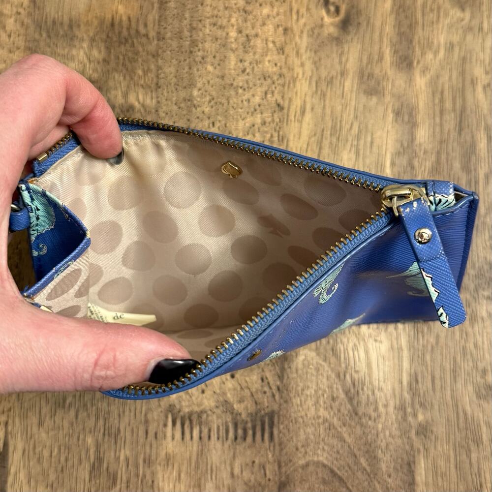 Kate Spade New York Seahorse Wristlet Leather Zippered Closure Lined Blue Gold - Picture 7 of 11